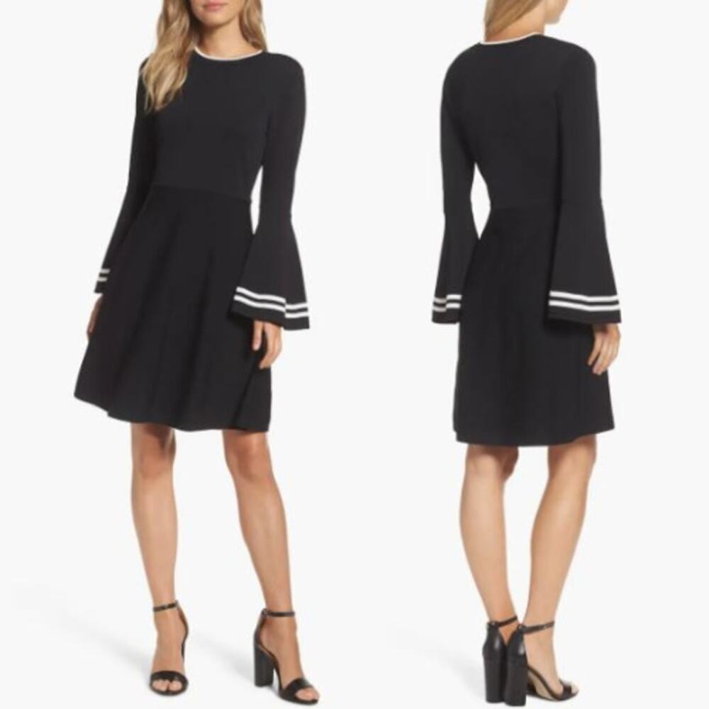 Eliza J Stripe Bell Sleeve Fit & Flare Dress Black White Women's Size Small NWT